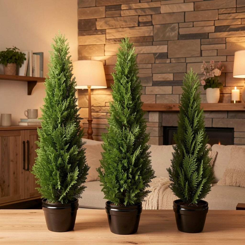 Outdoor Artificial Topiary Cedar Tree - 1pc/2pcs Fake UV Rated Potted Plants - 3/4/5FT Faux Pine Bushes And Shrubs For Front Porch Home Office Decor
