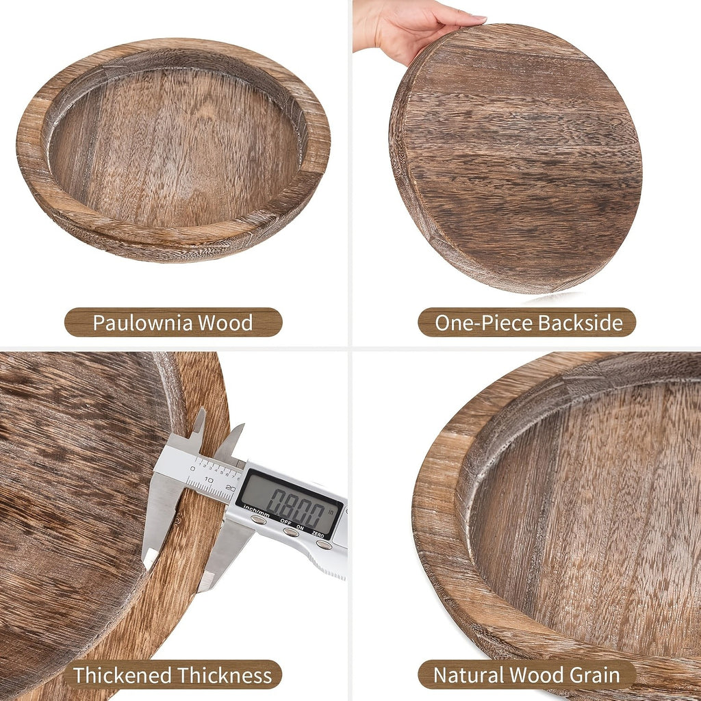Round Wooden Decor Tray, Charcoal Distressed Farmhouse Display Base for Coffee Tables, Kitchen Counters and Seasonal Accents, Non-Food Contact