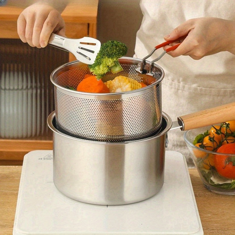 A Versatile Cookware Collection Made of Stainless Steel, Featuring a Frying Basket And a Glass Lid - Includes a Non-Stick Frying Pan, Deep Fryer, Pasta Pot, Milk Saucepan, And Food Steamer, Compatible with Both Induction And Gas Stoves
