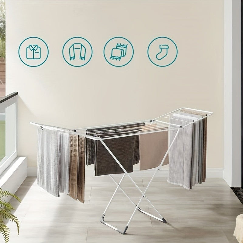 Clothes Drying Rack, Foldable 2-Level Laundry Drying Rack, Free-Standing Large Drying Rack, with Height-Adjustable Wings, Foldable for Easy Storage, White, Drying Racks