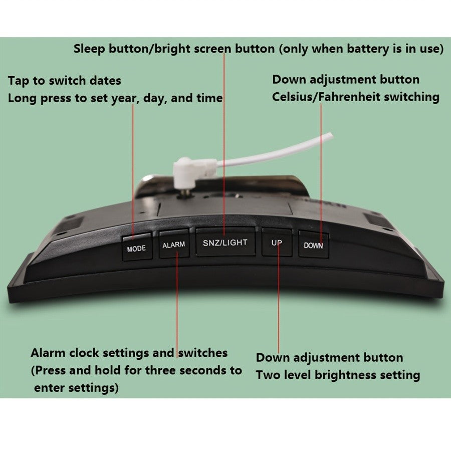 Curved LED Alarm Clock, 6.6-Inch Large Screen Digital Desk Clock with Time, Temperature and Humidity Display for Bedroom, Bedside and Home Office