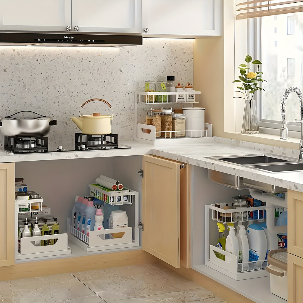 2Pack-2-Tier Slide-Out Under Sink Organizer -Pull-Out Cabinet Shelf with Adjustable Compartments, Featuring a Sliding Pull-Out Shelf Made of Metal, Ideal for Organizing Kitchen, Bathroom, Pantry, Or Closet Spaces