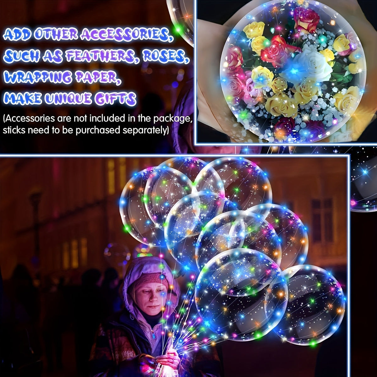 20pcs (10PCS LED Lights with 10pcs LED Light Up Bobo Balloons)String Lights Transparent Balloons for Birthday Wedding Christmas Party Easter Mother's Day Graduation Halloween Decor Decorations. 2*AA Batteries And Helium Not Included,Suitable