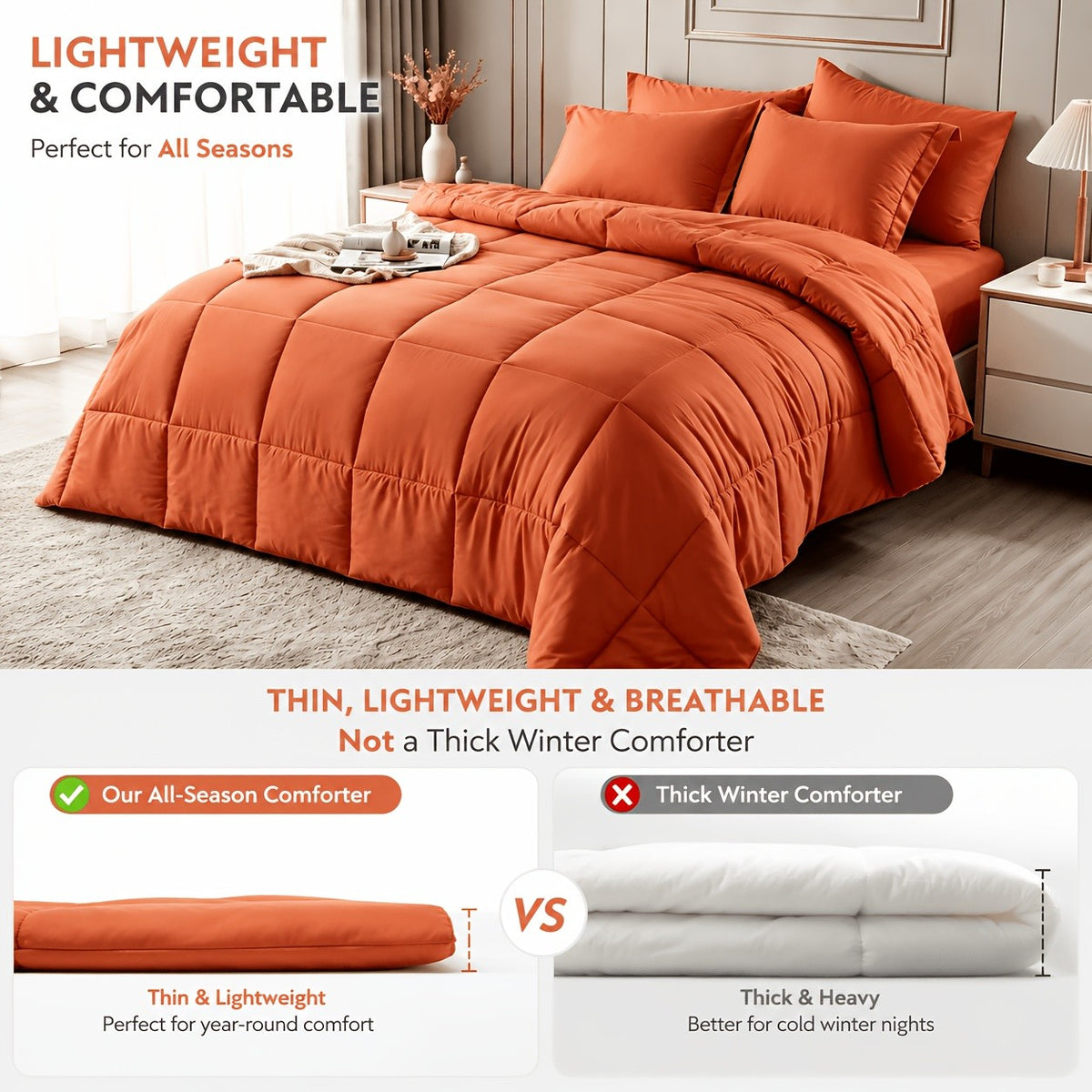 Double-Sided Comforter Set with Pillowcases, Soft Breathable Thin Quilt Bedding in Twin, Full/Queen and King Sizes for Bedroom and Camping