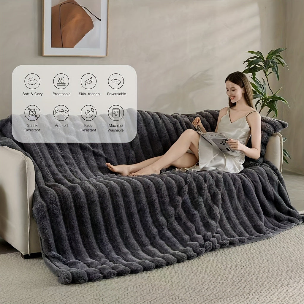 A Faux Rabbit Fleece Blanket, Double Layer Thickened, All Season, King/Queen Size, Winter Blankets Soft Warm, Throw For Adults Reversible Machine Washable Blanket, For Home, Car, Office, Travel, Couch Cover, Christmas, Halloween Gift, Birthday Gift