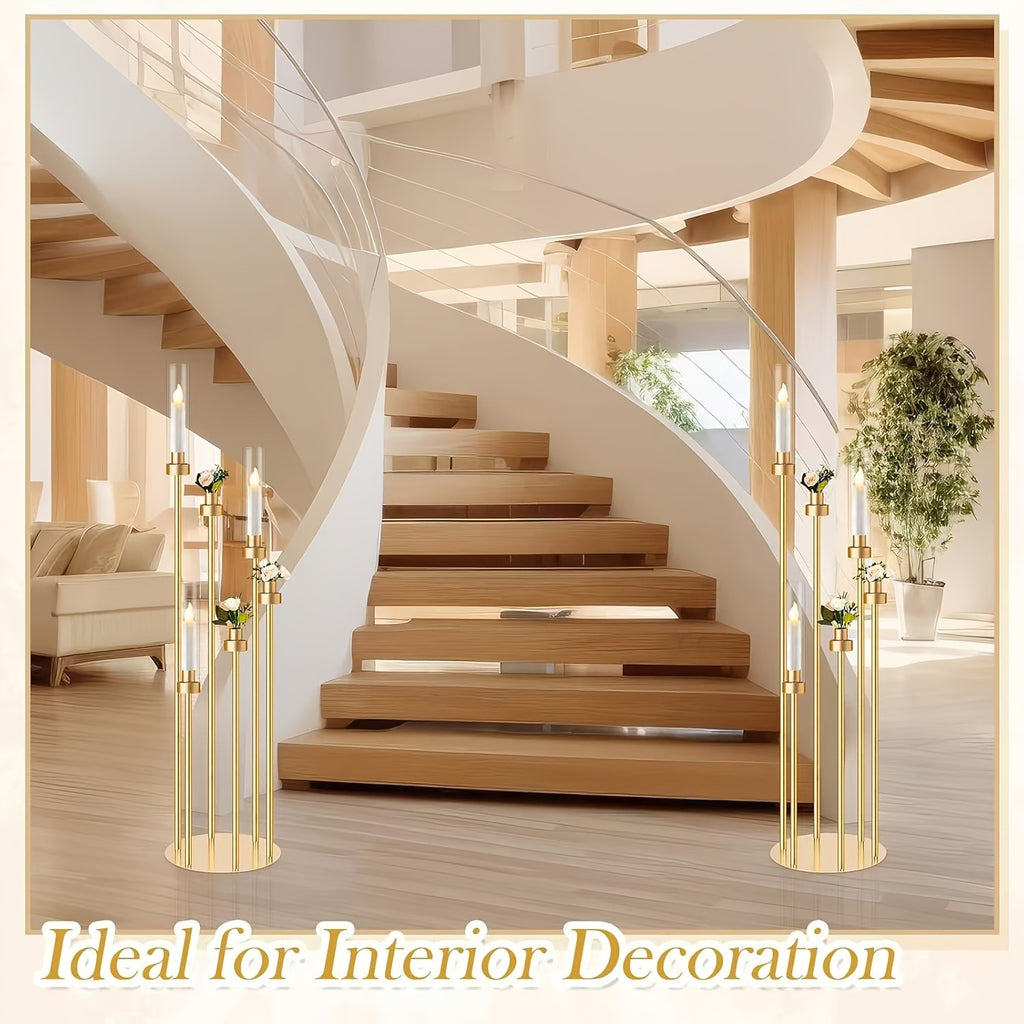 2 Sets Floor Candelabra 6 Arms 46'' Tall Candle Holder with 12pcs LED Candle for Valentine's day, Candelabra Centerpieces for Table, Metal Candlestick Set with Acrylic Lampshade for Wedding Decor (Golden) Seasonal Holiday Decoration,Candleholders