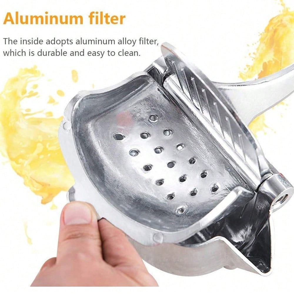 Manual Citrus Juicer Press, Silver Aluminum Alloy Fruit Squeezer with Filter and V-Shaped Pouring Outlet for Lemon Lime Orange Juice and Home Cocktails