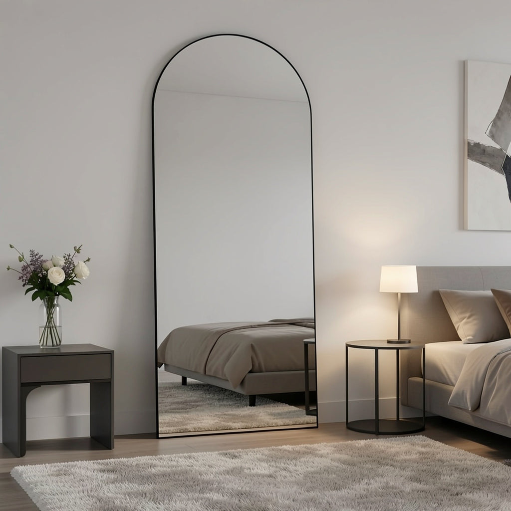 Arched Full Length 64" X 21"/ 59"x16"Mirror With Stand, Floor Mirror With Aluminum Alloy Frame For Bedroom, Standing Full Body Mirror With Shatter-Proof Nano Glass For Wall, Living Room, Cloakroom