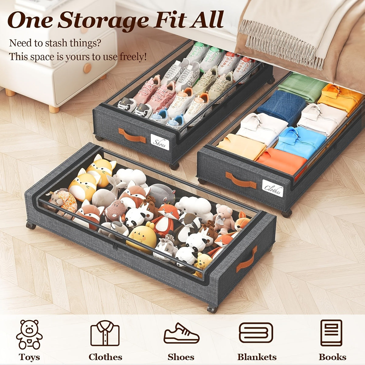 2 Pack Rolling Underbed Storage Box, Under Bed Storage Bins, Under Bed Shoe Rack Organizer, Rolling Underbed Metal Drawer for Clothes, Blankets, Shoes,, Books, Bedding, Under-Bed Storage