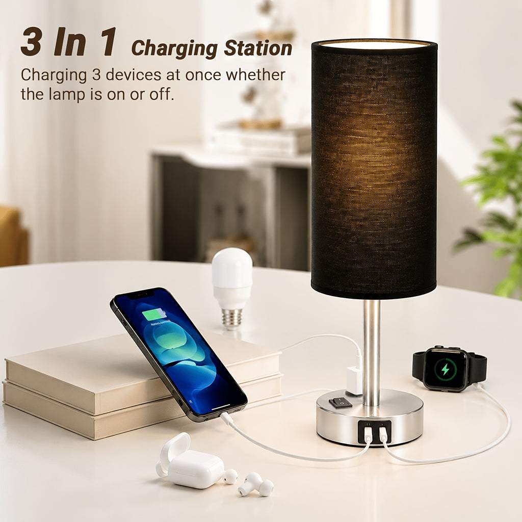 Dimmable Table Lamps with USB Charging Ports And AC Outlet, 3-Way Switch Control Bedside Nightstand Lamps, Wood/Metal Base, Modern Desk Lamps for Bedroom, Living Room, Office, Bulbs Included (1/2 Pack)