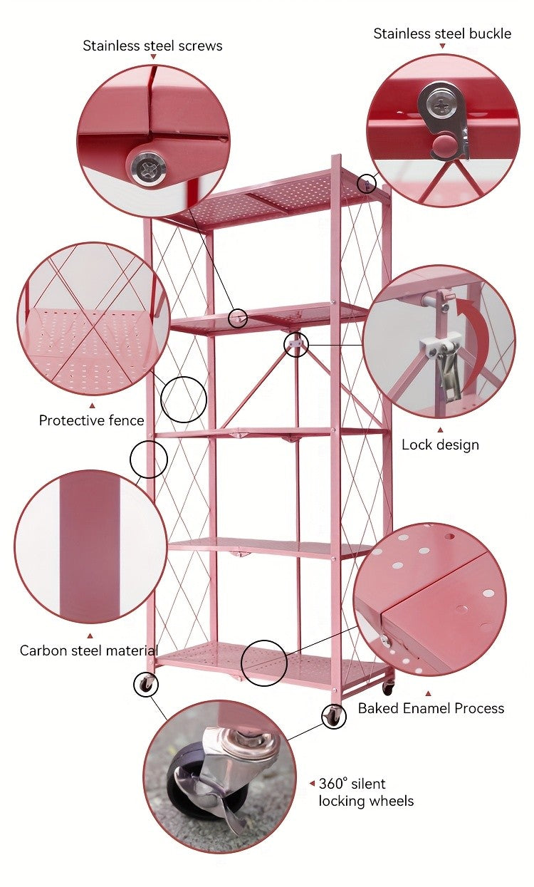 No-Assembly Rolling Storage Rack, 3 4 or 5 Tier Folding Metal Shelves with Locking Wheels in Pink, Green, Black or White for Kitchen and Dorm Organization