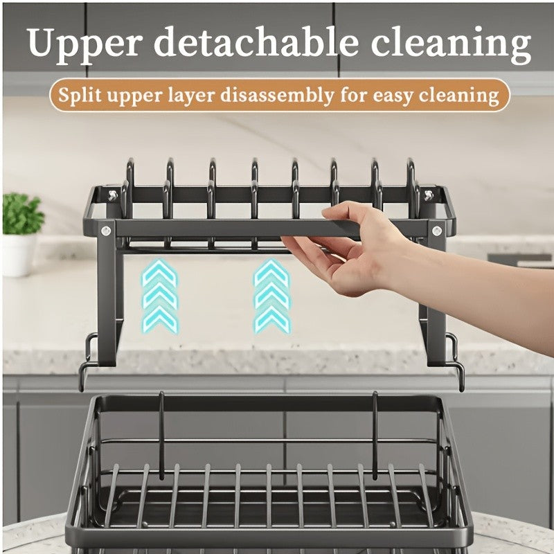 Double Tier Metal And Carbon Steel Cutlery Rack, Large And Durable, with Knife Fork And Cup Holders And Draining Board, Rustproof Two Tier, Space Saving for Kitchen Countertop, Make The Kitchen More Concise And Organized