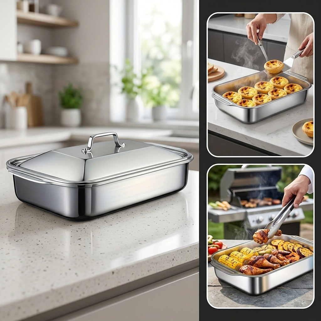 2/4/6/8pcs Extra Large Heavy Duty Stainless Steel Baking Pans with Lids - Non-Stick, Thick Rectangular Oven Trays for Desserts, Bread, And Seafood - Perfect for Bbqs, Buffet Serving Trays