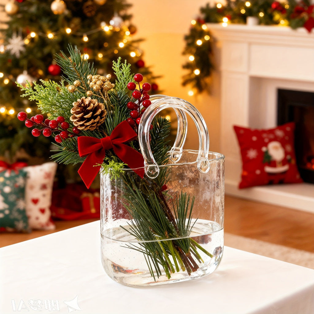 TOMNK Flower Vase in The Shape of a Purse, Designed for Flowers And As a Fish Bowl with Bubbles. This Charming And Distinctive Handbag Vase Is Transparent, Suitable for Fish Tanks And Hydroponic Planting. It Serves As Home Decoration