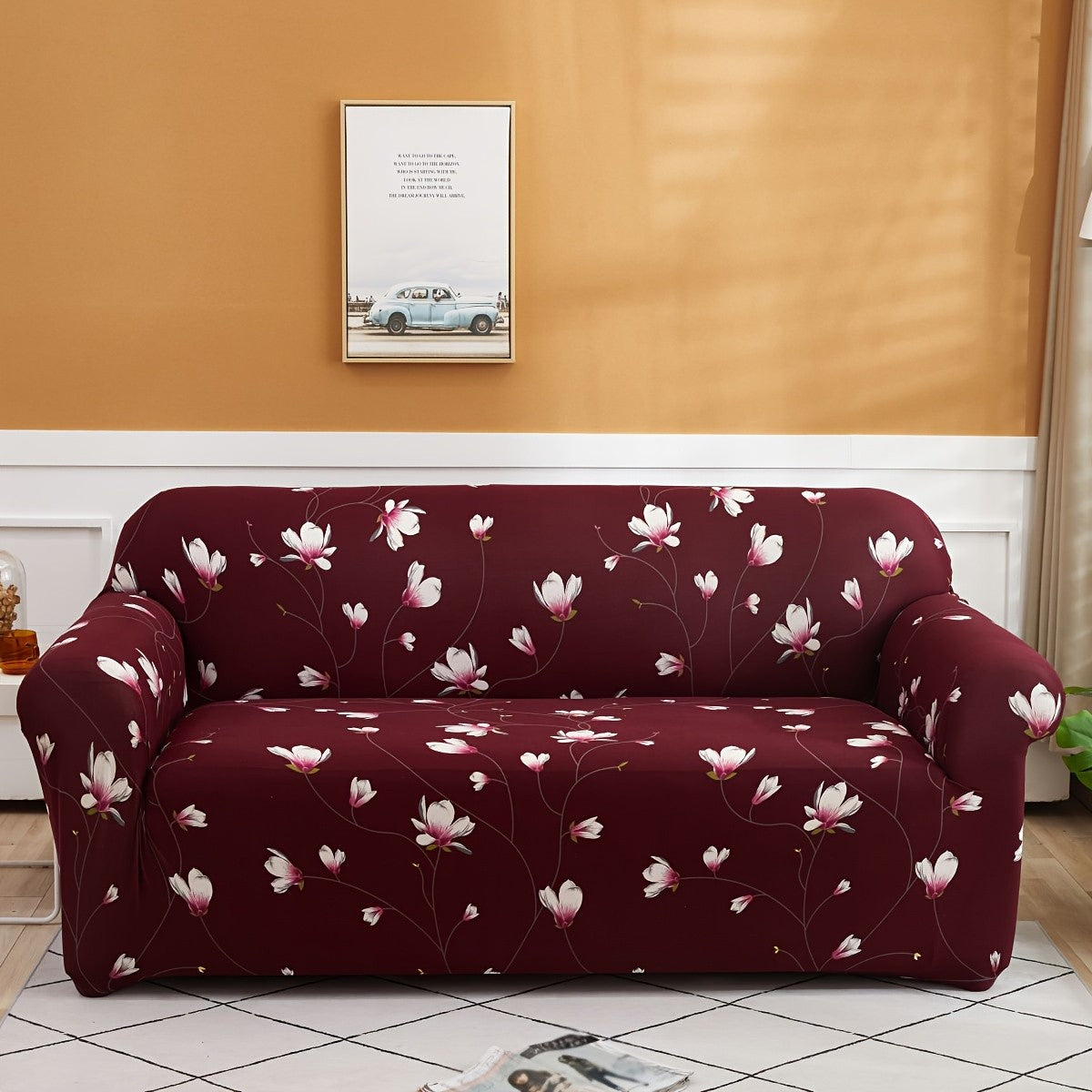 Modern Stretch Full-Size Sofa Cover - High-Stretch Polyester Blend, Non-Slip & Machine Washable, Digital Print Telescopic Fit for 1-4 Seater Sofas, Home & Office Dual-Use, Contemporary Style, Furniture Protector, Floral Pattern, Snug Elastic, Furniture Sl