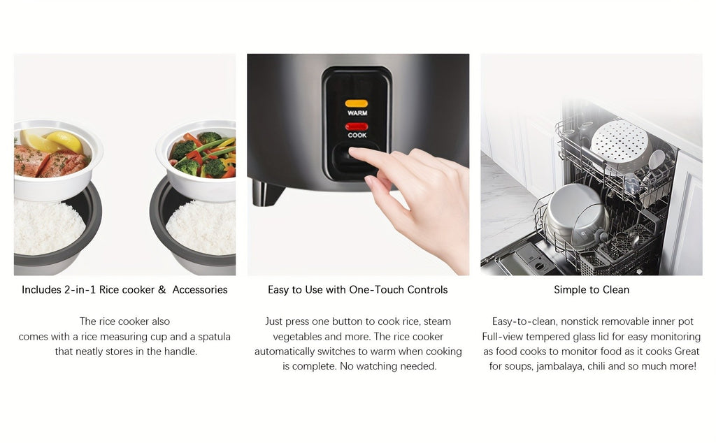 Rice Cooker with Removable Non-Stick Pot, Yogurt Maker with Auto Keep Warm Function, Large Capacity 6-Cup (Cooked) 1.5 Qt, 3-Cup (Uncooked), One-Touch Operation Grain Cooker, Multicooker, Stainless Steel Inner Liner, Steamer, Oatmeal Cooker