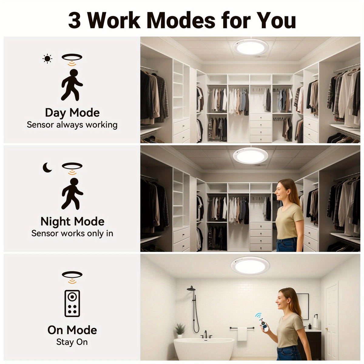 8/6/4/2/1Pack Rechargeable LED Ceiling Light with Motion Sensor, 3 Lighting Options, 10 Brightness Levels Battery Operated Closet Lights, Remote Control Dimmable Timing Motion Shower Lights for Living Bathroom Pantry Hallway Porch(3000K/4500K/6500K)