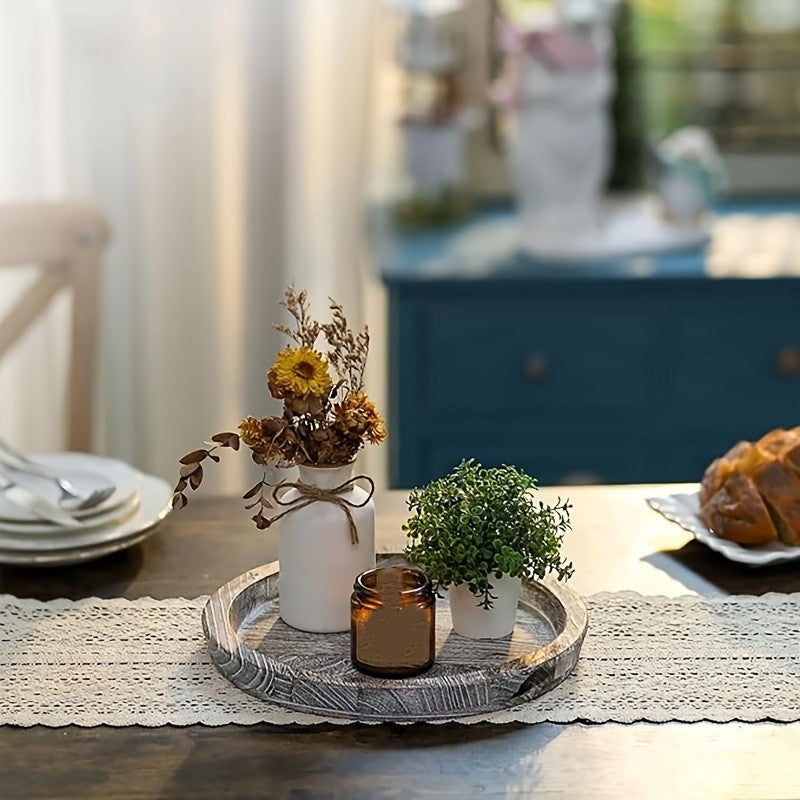 Rustic Round Wooden Decorative Tray, Distressed Wood Serving Tray for Coffee Table, Farmhouse Ottoman Tray for Living Room, Kitchen Counter Decor, Candle Holder Base, Non-Food Contact