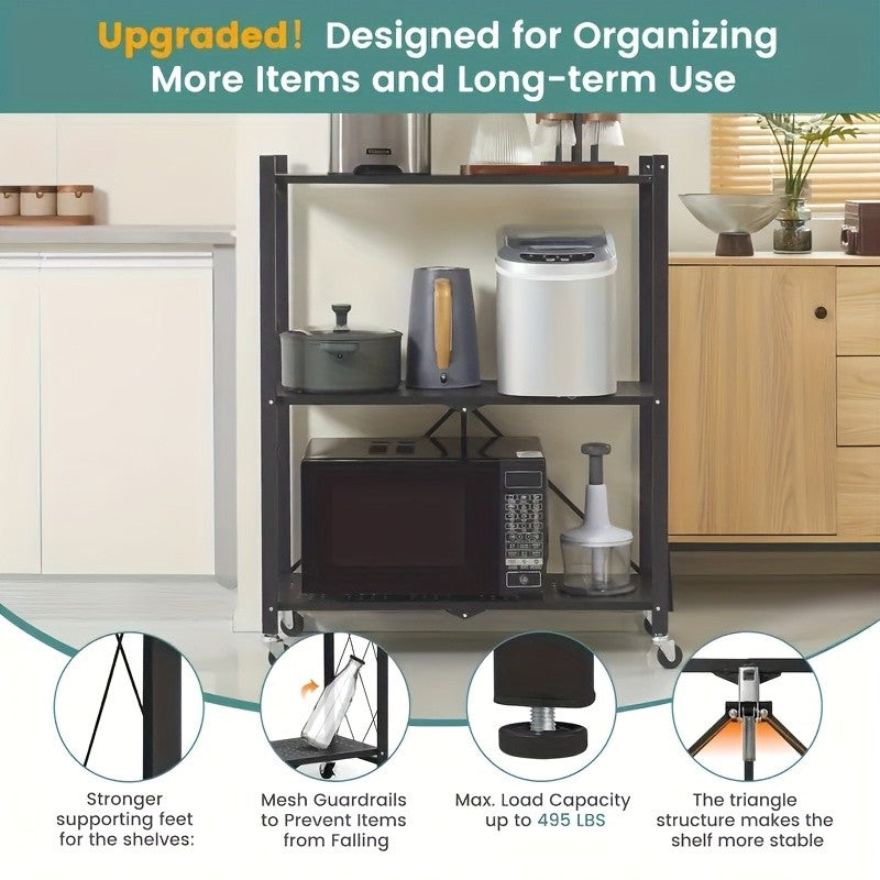3-Layer Foldable Storage Rack with Wheels | High Load-bearing Capacity, Suitable for Garage and Kitchen Use, Black Iron Shelving Unit, Practical and Multipurpose, Utility Racks