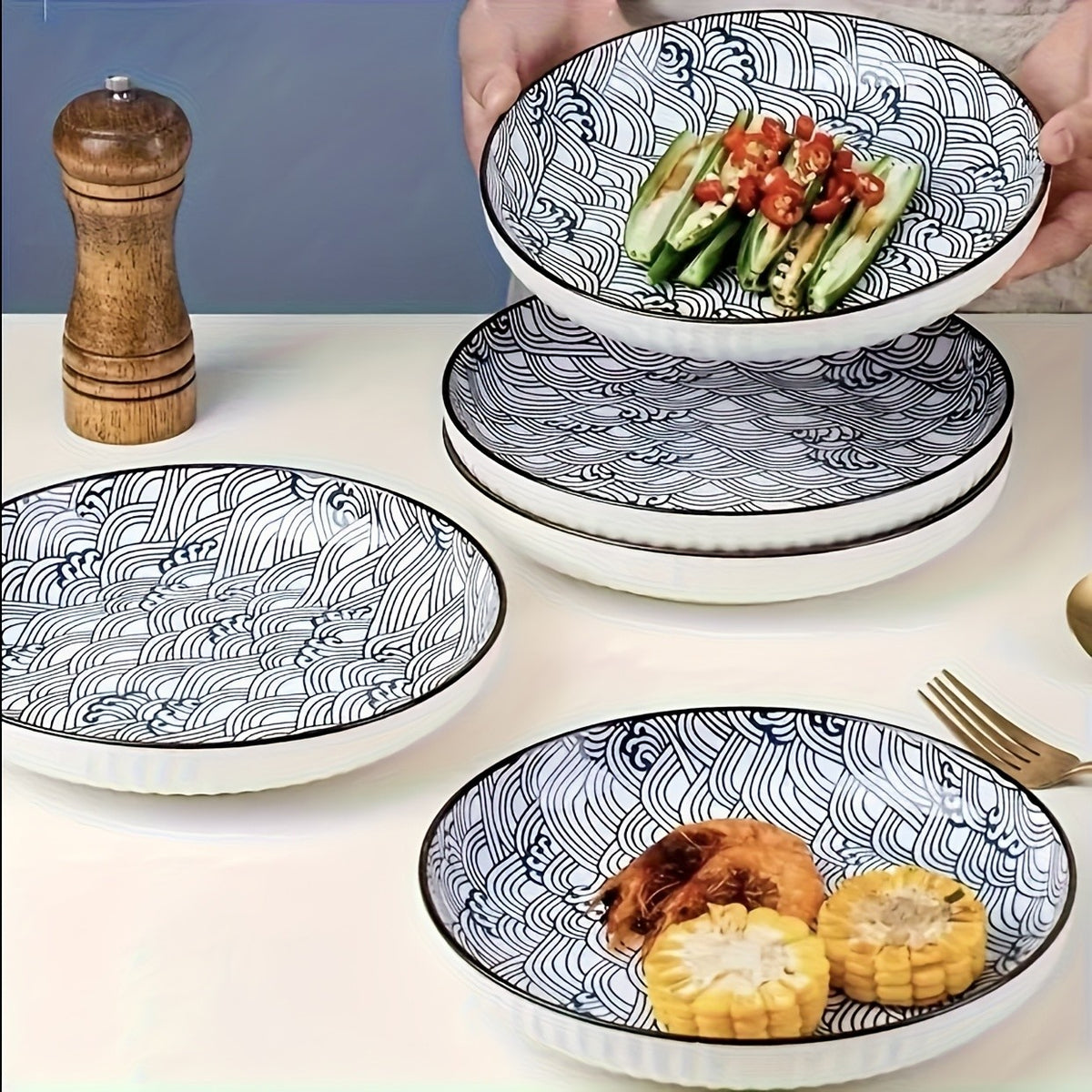 4pcs Set Of Japanese-style Ceramic Floral Plates Yamada Household Serving Plate, Nordic-style Steak Plate, Ceramic 7-inch Deep Plate, Non-slip Edge, Underglaze Color Round Plate