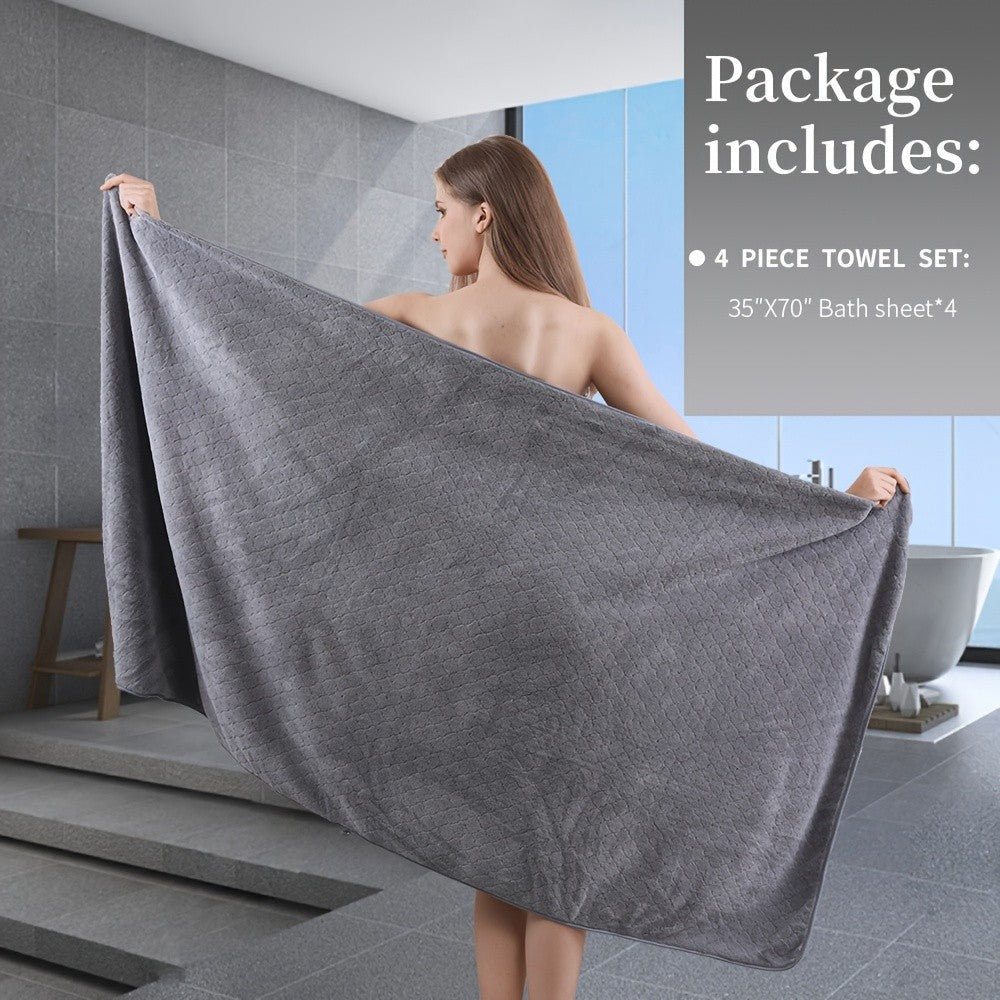 4pcs Oversized Bath Towel Set in Sleek Blue - Ultra Soft, Highly Absorbent, Quick-Dry Microfiber with Diamond Pattern - Includes 4 Bath Towels, and Matching Beach Chair Cover - Ideal for for Bathroom Hotels Gym, Valentine's Day Gift, Wash Cloths