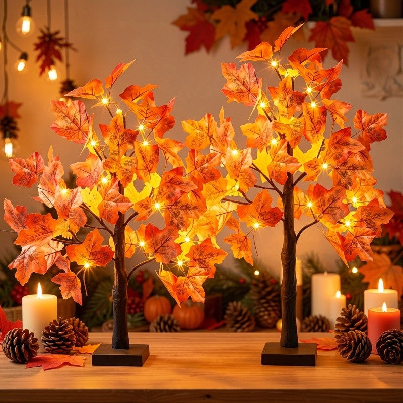 2pcs Thanksgiving & Autumn Table Lamps, 21.26 Inch Tree Lights Decorated with Fall Maple Leaves, Artificial Decor Trees with 24 Battery-Powered LEDs, Ideal for Indoor Spaces, Home Rooms, Balconies, Holiday Events And Halloween Parties