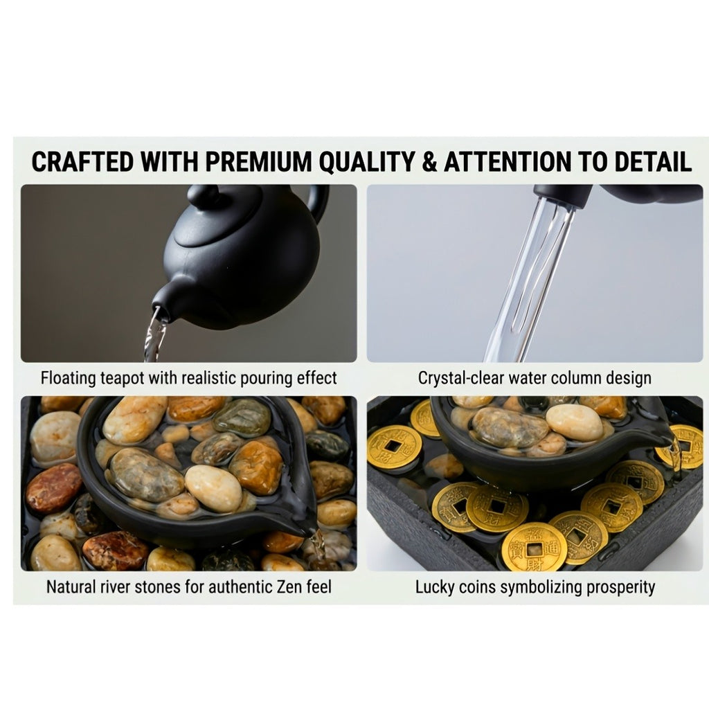 New Desktop Fountain, 4-Level Desktop Waterfall, Meditation Fountain, Indoor Fountain, Office And Home Relaxation, Desktop Fountain Pool, LED Lights, Fixed Decorative Bubble Balls (With Natural River Stone Decoration Included)
