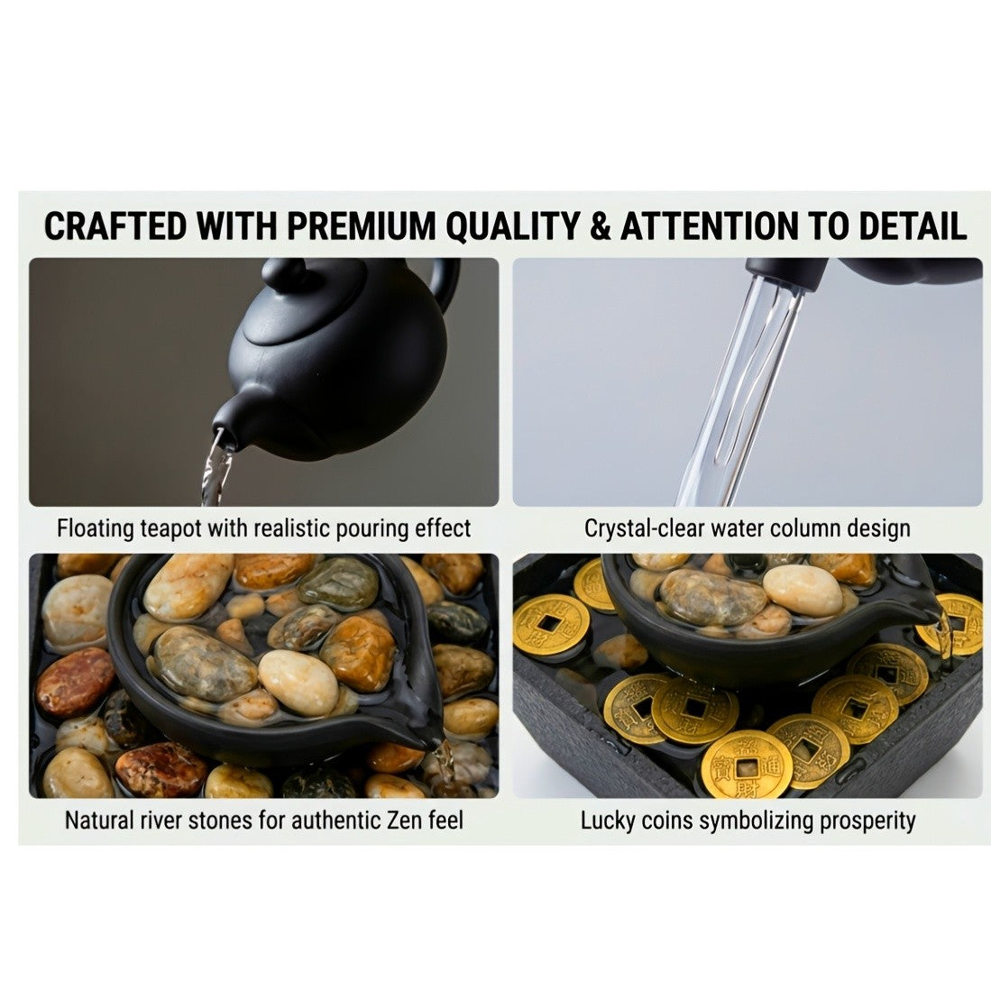 New Desktop Fountain, 4-Level Desktop Waterfall, Meditation Fountain, Indoor Fountain, Office And Home Relaxation, Desktop Fountain Pool, LED Lights, Fixed Decorative Bubble Balls (With Natural River Stone Decoration Included)