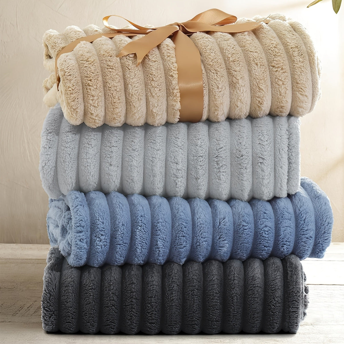 Faux Fur Striped Throw Blanket, Double-Sided Soft Polyester Flannel for Sofa Naps, Bed Layering and Office Comfort in Seven Colors