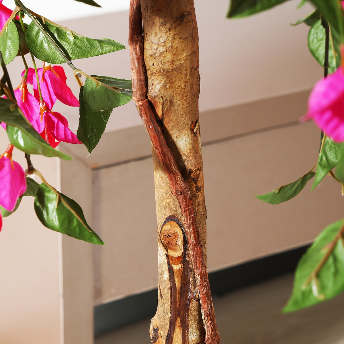 Artificial Bougainvillea Flowers Tree, Faux Potted Plants with Wood Trunk And Pink Flowers for Housewarming Decor Gift