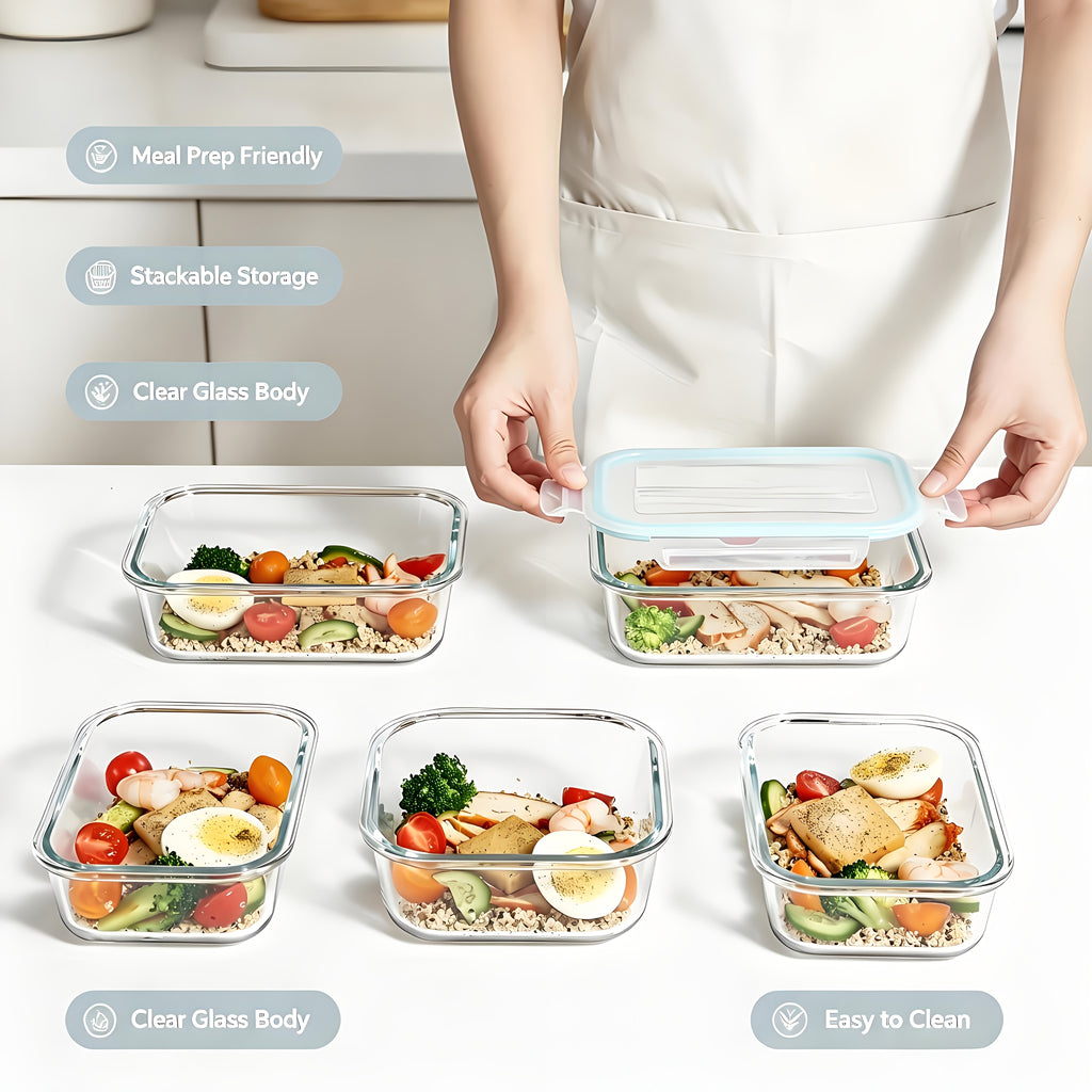Premium Glass Food Storage Containers, Airtight Leak-Proof BPA Free Stain-Resistant Easy-Clean Design, Microwave Oven Freezer And Dishwasher Safe, 8pcs, for Meal Prep And Bento Boxes