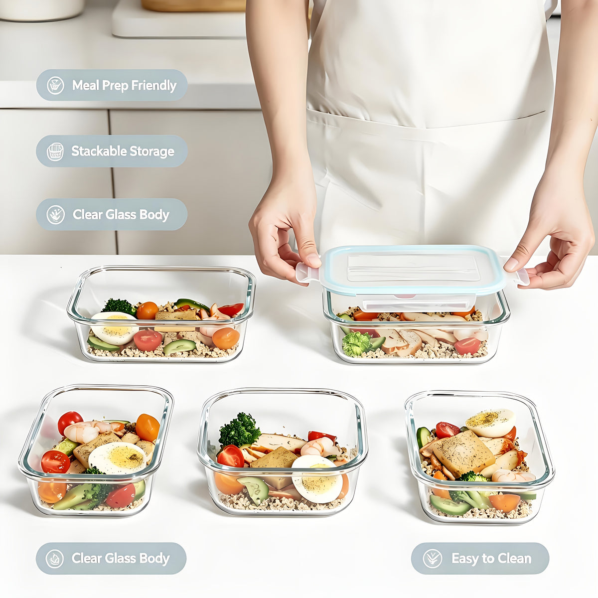 Premium Glass Food Storage Containers, Airtight Leak-Proof BPA Free Stain-Resistant Easy-Clean Design, Microwave Oven Freezer And Dishwasher Safe, 8pcs, for Meal Prep And Bento Boxes