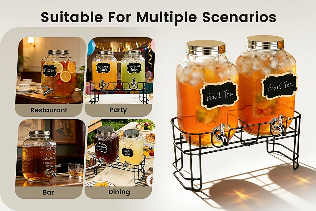 2-Pack 1 Gallon Glass Drink Dispensers for Parties, Beverage Dispenser, Glass Drink Dispenser with Fruit Infuser And Stand And Stainless Steel Spigot, Lemonade Dispenser with Ice Cylinder for BBQ, Picnic, Party, Weddings, And Events