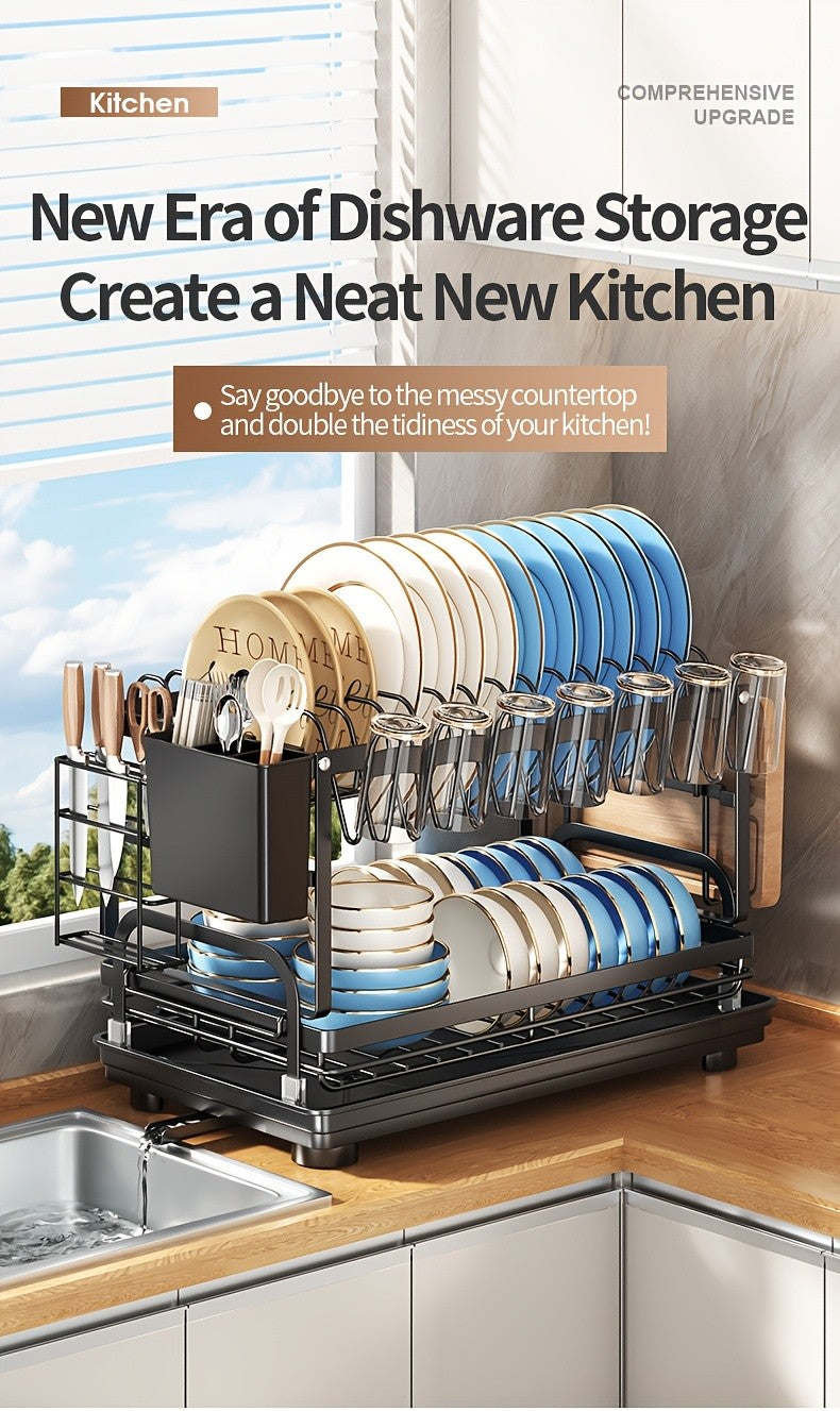 Two-tier Metal Kitchen Countertop Dish Rack Is Space-saving And Durable. It Comes with A Knife And Fork Holder, A Cup Rack, A Cutting Board Holder, And A Rust-proof Draining Tray. It Organizes Your Tableware And Helps Keep Your Kitchen Neat And Tidy.