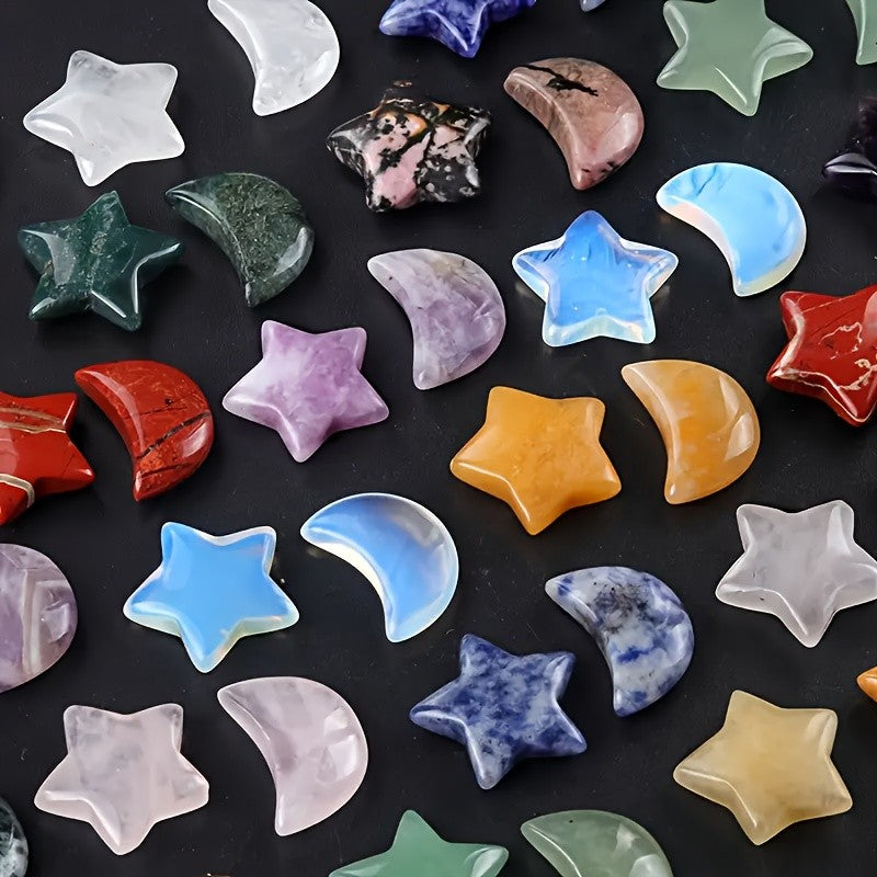 50pcs Random Stone Crystal Set, Star & Moon Crystal Worry Stones, Polished Thumb Gemstones For Meditation, Balancing, Reiki, Witchcraft, And for home Decor