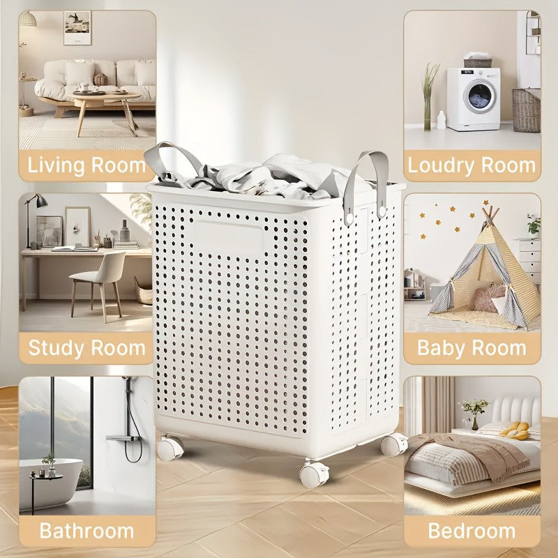 Collapsible Wheeled Laundry Hamper, Ventilated Plastic Clothes Basket in Large or Extra Large, Cream or White for Apartment, Bathroom and Laundry Room Storage
