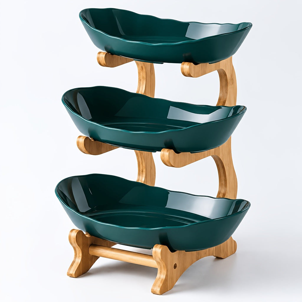 A Creative Two-Layer/Three-Layer Kitchen Fruit Basket, Large-Capacity Layered Fruit Basket, European-Style Dried Fruit Plate, Bamboo And Wood Frame, Household Snack Plate, Candy Tray, Fruit Basket, Bamboo And Wood