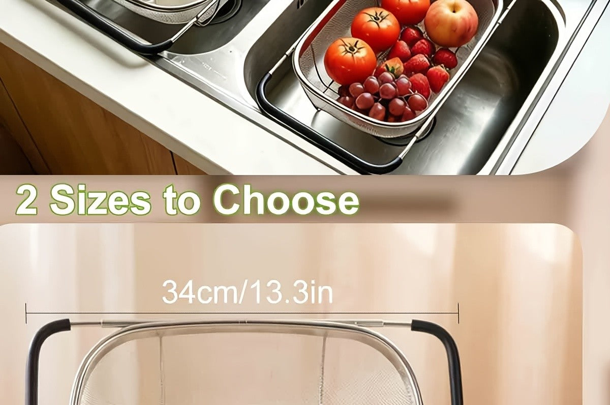 Expandable Stainless Steel Filter Over the Sink Colander - Strainers and Colanders - Sink Strainer Basket - Expandable Fine Mesh Strainer with Rubber Grip for Veggie, Fruits, Pasta, Home Kitchen Essentials