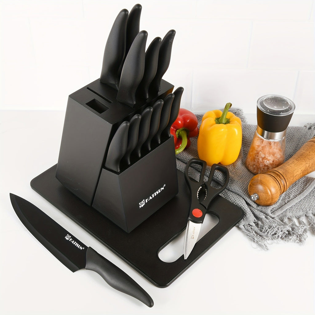 Kitchen Knife Set with Cutting Board, 15-Piece Black Stainless Steel Knife Collection with Wooden Block, Non-Slip ABS Handles and Kitchen Shears for Home Cooking