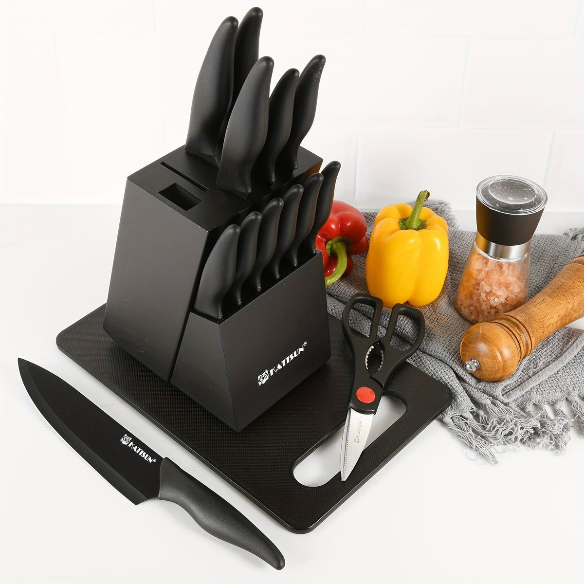 Kitchen Knife Set with Cutting Board, 15-Piece Black Stainless Steel Knife Collection with Wooden Block, Non-Slip ABS Handles and Kitchen Shears for Home Cooking