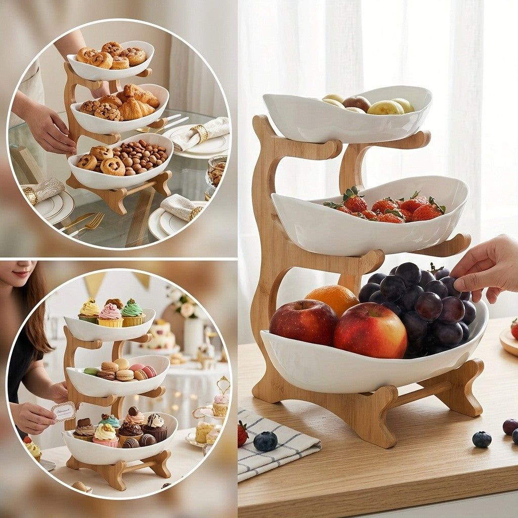 2/3 Tier Luxurious Wooden Elegant Fruit Stand- Double Layer Fruit Bowl and Creative Candy Display- Made of Natural Wood, Suitable Snack Tray for Living Room, Space-saving Design, Easy to Assemble, Father'S Day Gift, Kitchen Dessert Tray