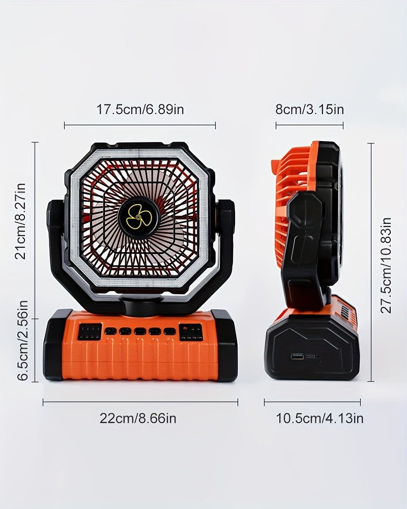 20000Mah Portable LED Camping Fan with Built-In Light, Rechargeable Fan, USB Rechargeable Outdoor Fan for Tents, Hiking, Fishing - Rugged Compact Design, Green And Orange, Hiking Essentials, Sturdy Handle Feature, Camping Additions