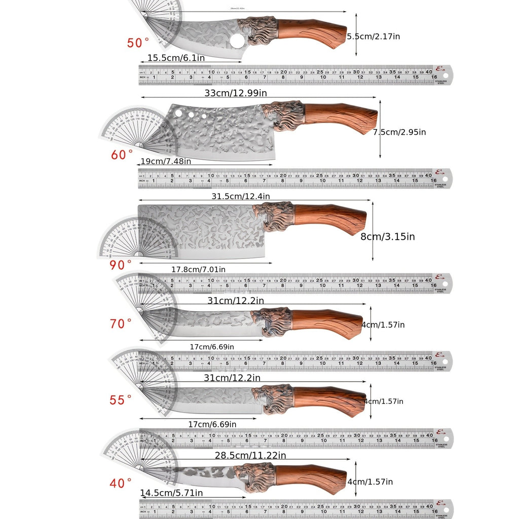 7pcs Chef Knife Set, Hand Forged Damascus Style Blade with Brown Wood Handle, V-shaped Sharp Blade, Suitable for Meat, Fish, Vegetables, Fruits, Professional Kitchen Knives, Suitable for Home Chefs And Chefs (ideal Gift) - Ergonomic Grip