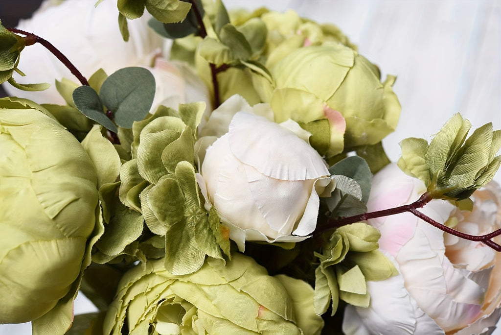 Artificial Peony and Hydrangea Flowers, Vintage Beige and Green Faux Floral Bouquet for Rustic Wedding Centerpieces, Bridal Styling and Home Vase Decor