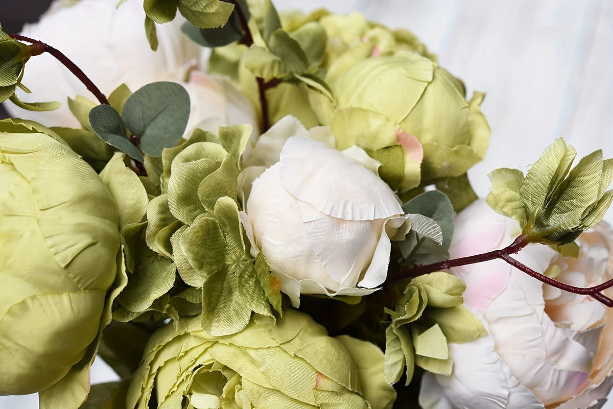 Artificial Peony and Hydrangea Flowers, Vintage Beige and Green Faux Floral Bouquet for Rustic Wedding Centerpieces, Bridal Styling and Home Vase Decor