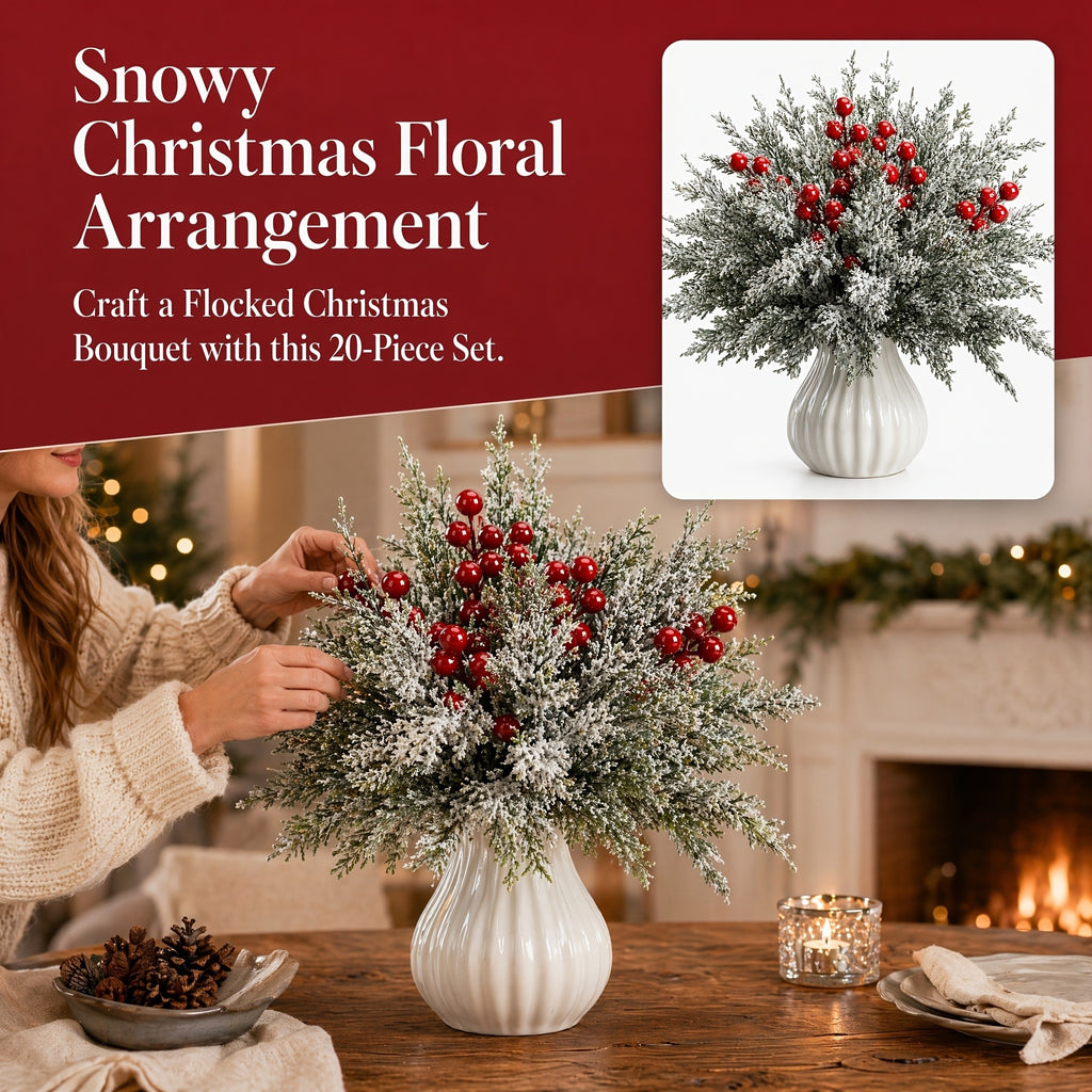 20pcs 14in Artificial Christmas Greenery Stems with Red Berries for DIY Wreaths, Xmas Tree Decor, Holiday Centerpieces, Indoor Home Decor, Christmas Vase Fillers