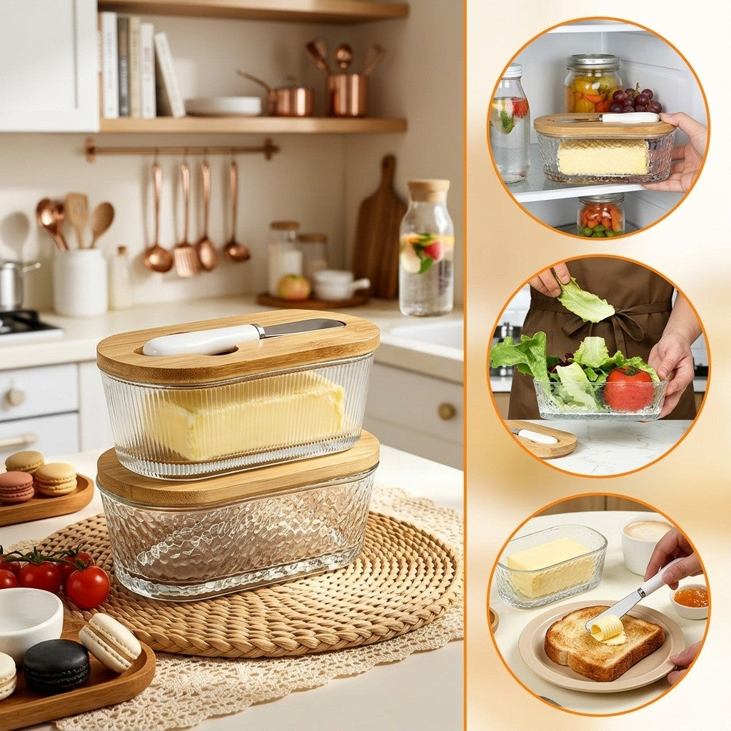 Glass Butter Dish with Airtight Sealed Lid - Preserves Butter Freshness, Butter Keeper for Countertop & Refrigerator Door Storage, Hygienic Butter Tray Suitable for The Fridge - Covered Butter Dishes with Lid