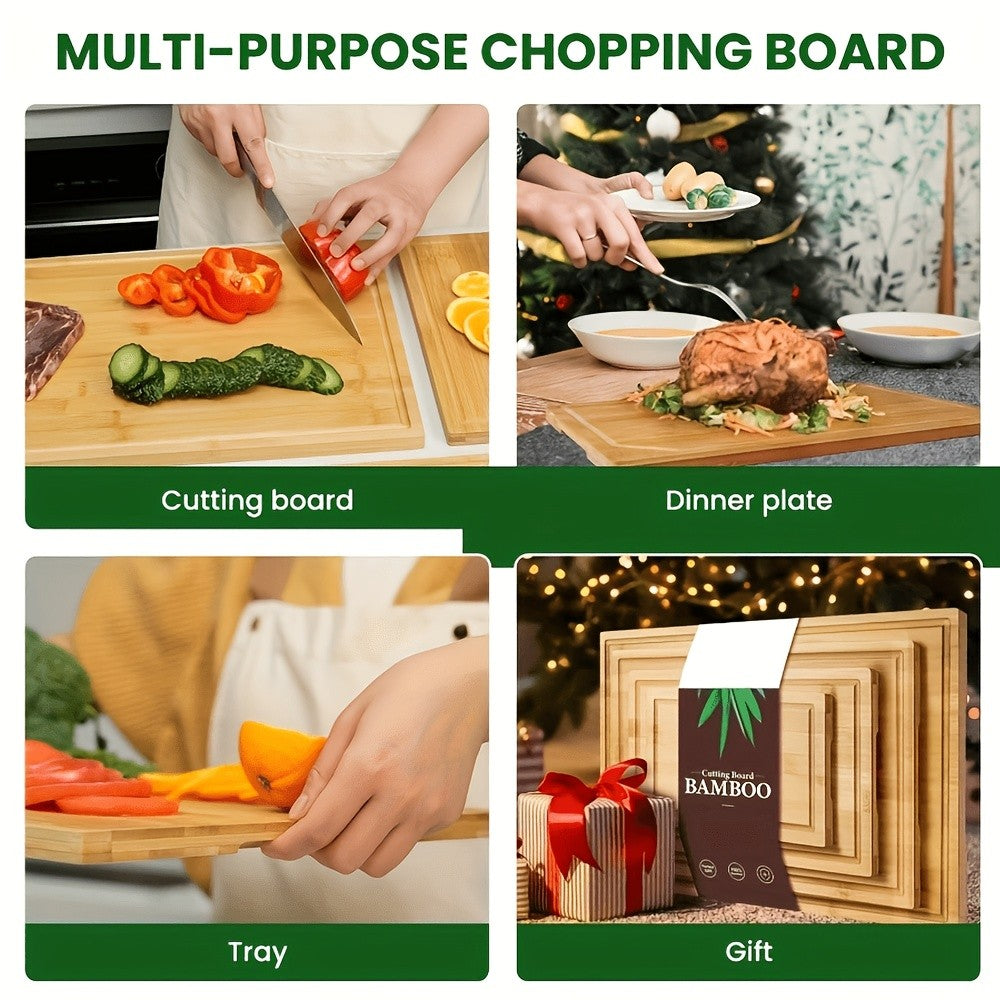4pcs of Oversized Bamboo Chopping Board Set with Juice Tank Design, Suitable for Durable Chopping Boards for Meat, Vegetables and Fruits. Mother's Day/ Father's Day Gifts, Essential Kitchen Tools for Family and Friends., Fruit Slicing, Oversized