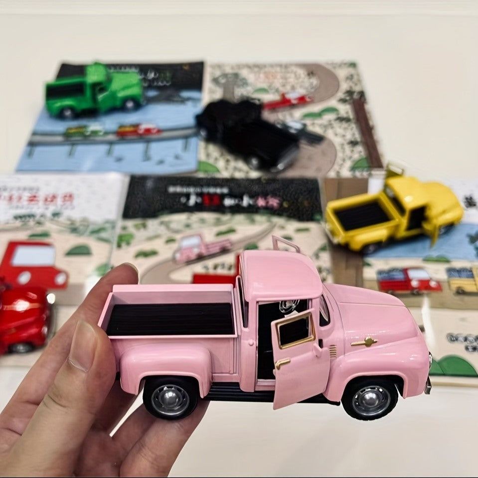 Vintage Pickup Truck Model, 4.9 x 2 x 1.8 Inch Alloy Metal Ornament with Chrome Accents in Eight Colors for Home Shelves and Office Desk Decor
