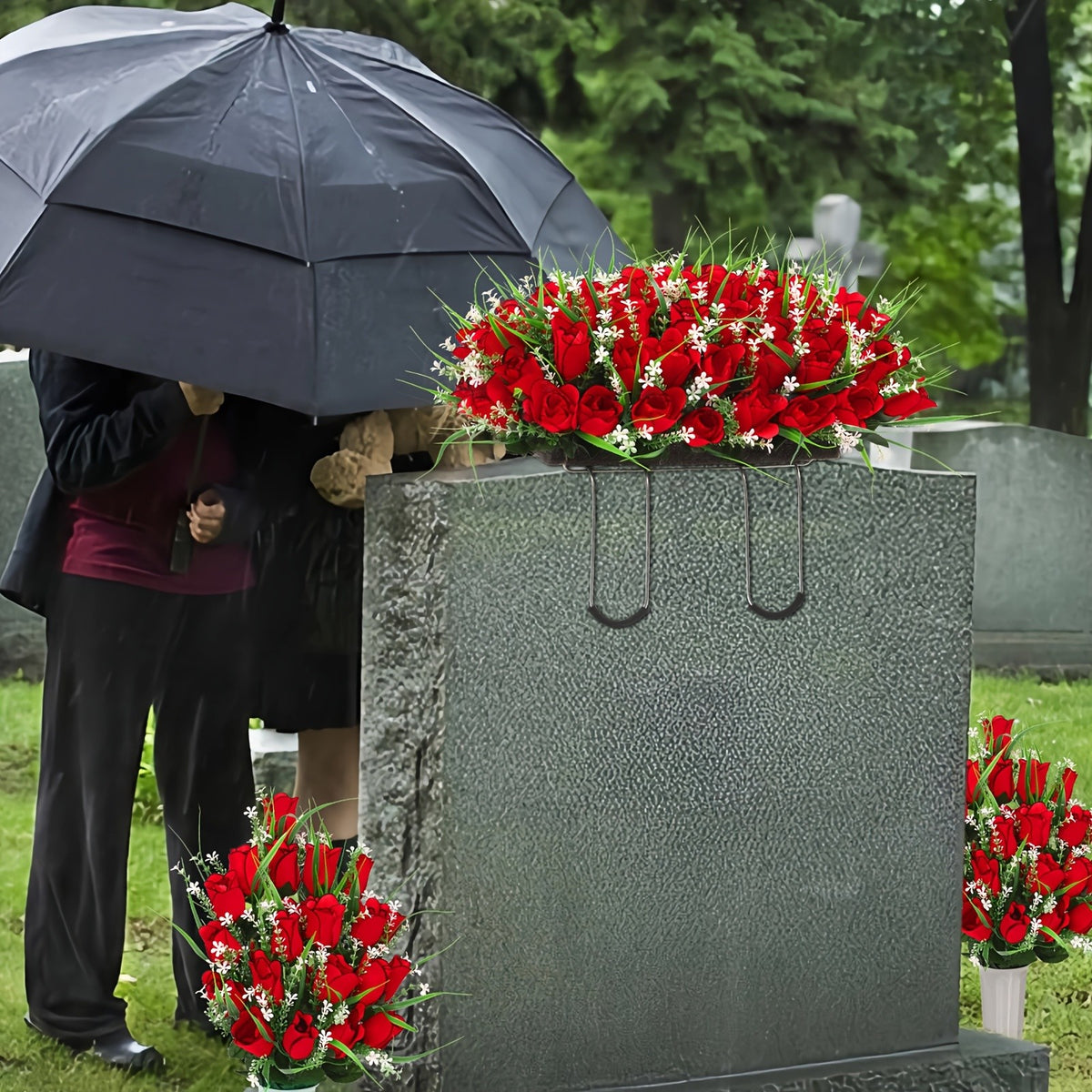 1/2/3pcs Artificial Cemetery Flower For Grave With Saddles, Artificial Silky Rose Flowers And Bouquets With Vases, Memorial Day Flowers For Cemetery, Outdoor Grave Headstones Decoration